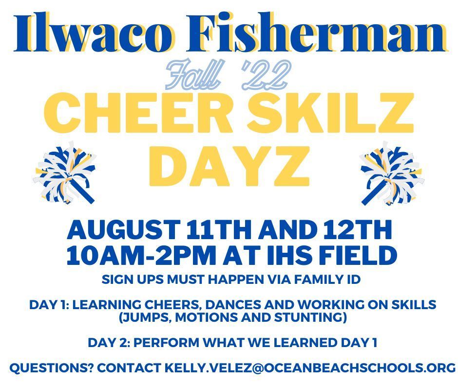IHS Cheer Event Flyer for August 11 and 12 from 10am to 2pm. 
