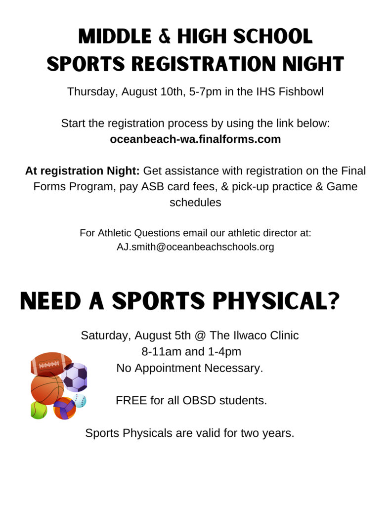 Middle School and High School sports registration and an opportunity for a free physical